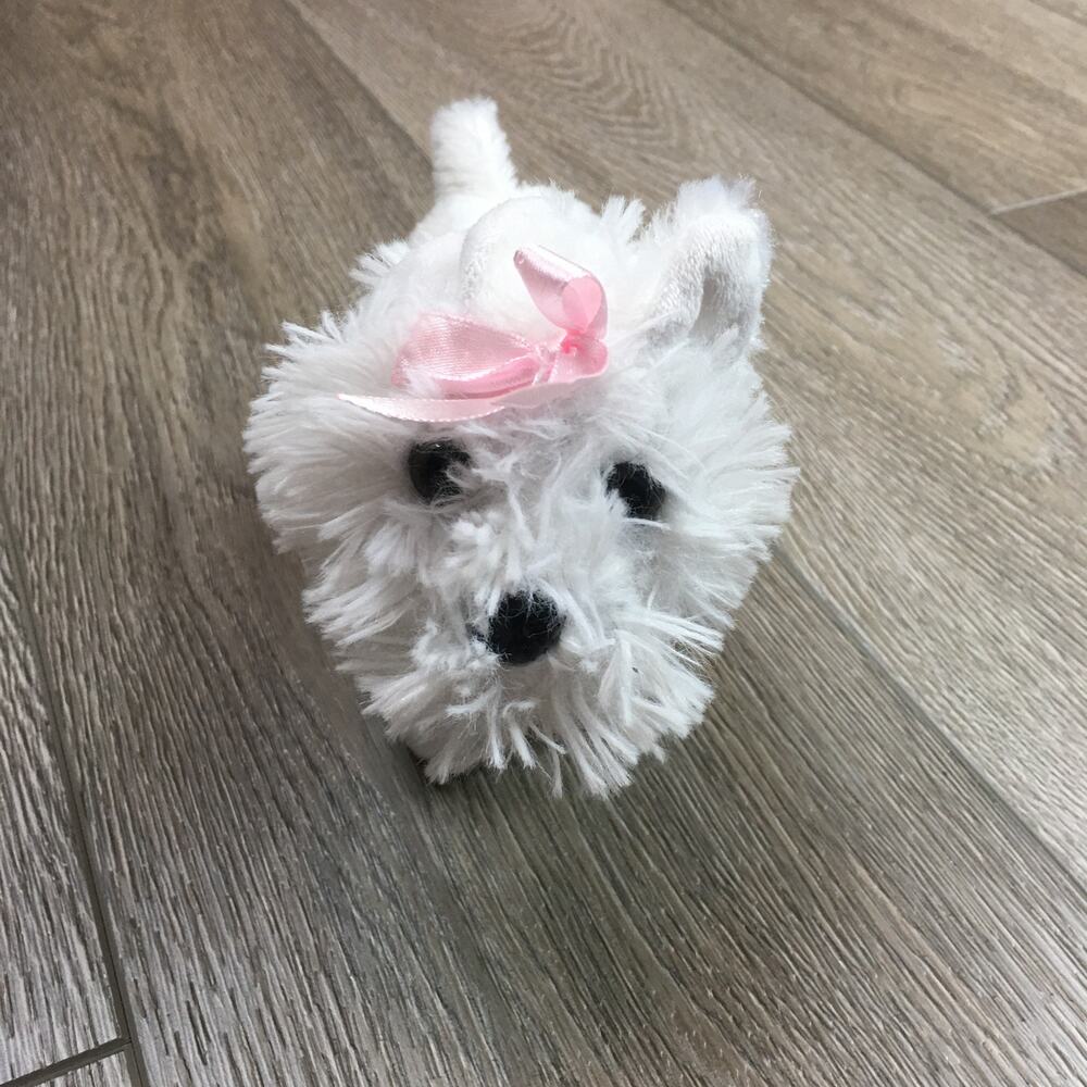 White Plush Puppy Dog Stuffed Animal Pink Bow Small Cute Toy 5”